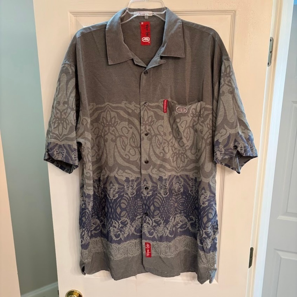 Ecko Unltd Marc Ecko Shirt Mens XL Grey Polyester Tribal Scorpion Y2K Streetwear